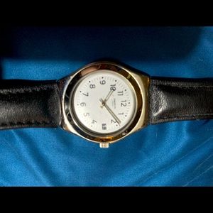 Authentic Swatch Watch, Black Leather wristband